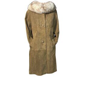 1950s Suede Trench Coat- Genuine Fox Fur Collar - ILGWU Union Made- Vintage USA